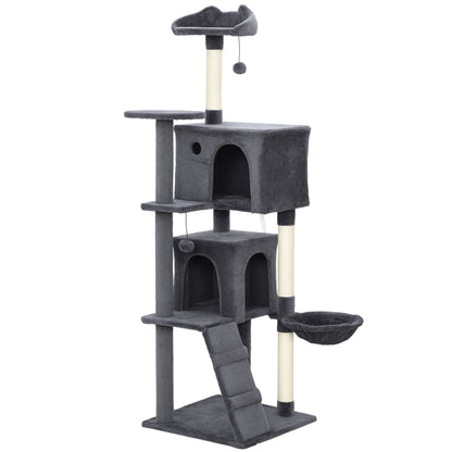 160cm Large Cat Tree Tower with Sisal Scratching Posts, Condos, Plush Perches, Hammock, Ladder, Dark Grey