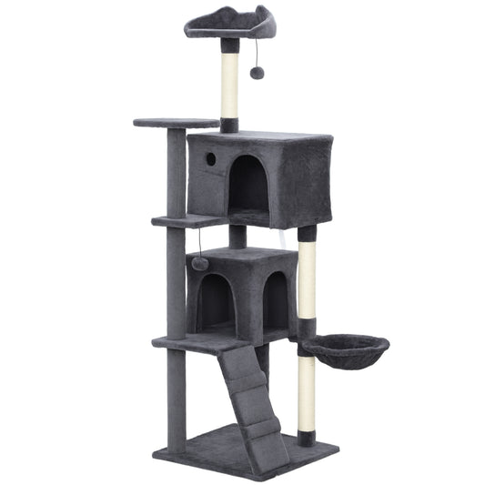 160cm Large Cat Tree Tower with Sisal Scratching Posts, Condos, Plush Perches, Hammock, Ladder, Dark Grey