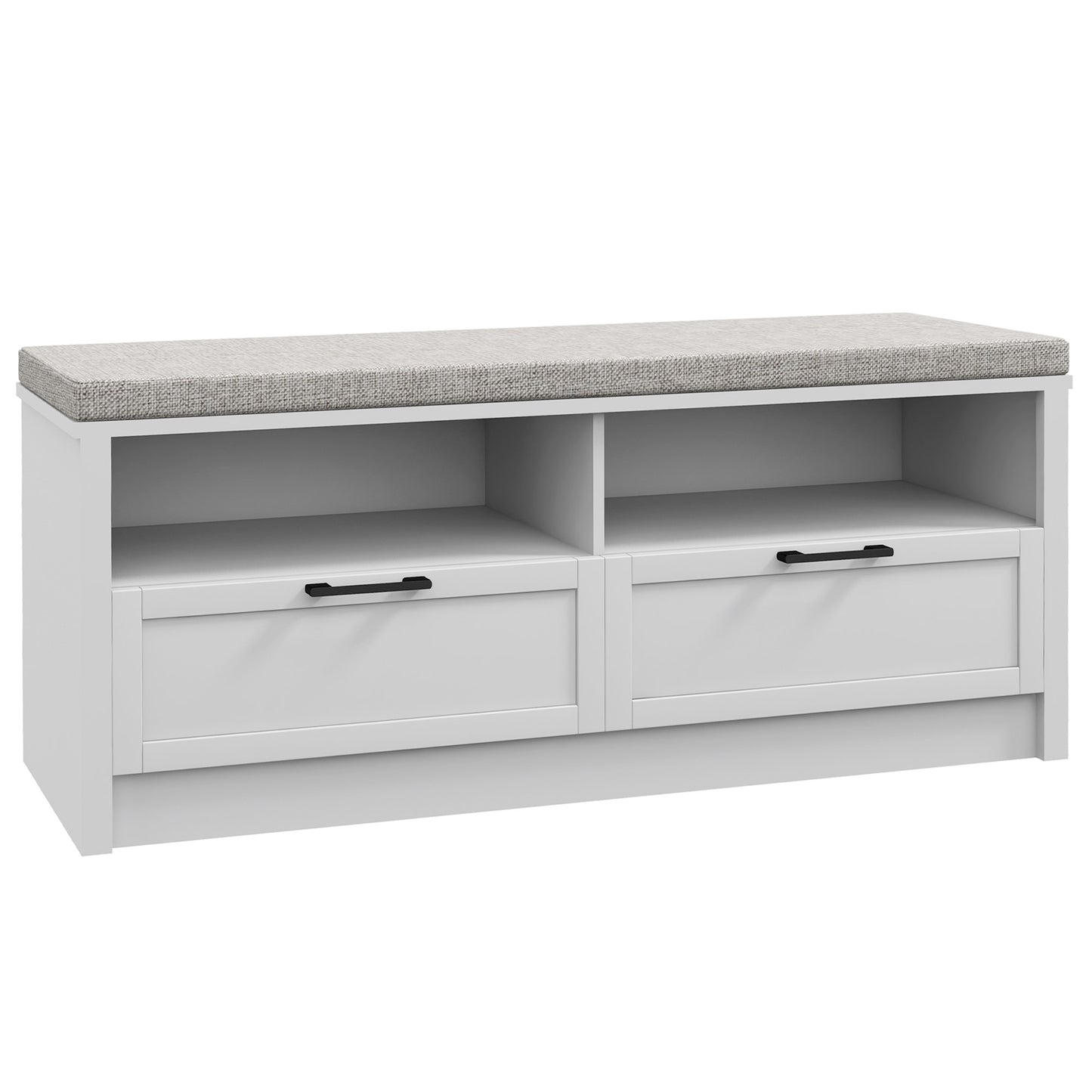 Shoe Bench with Removable Cushion, Shoe Storage Bench with Padded Seat, Open Compartments and Drawers for Entryway Hallway