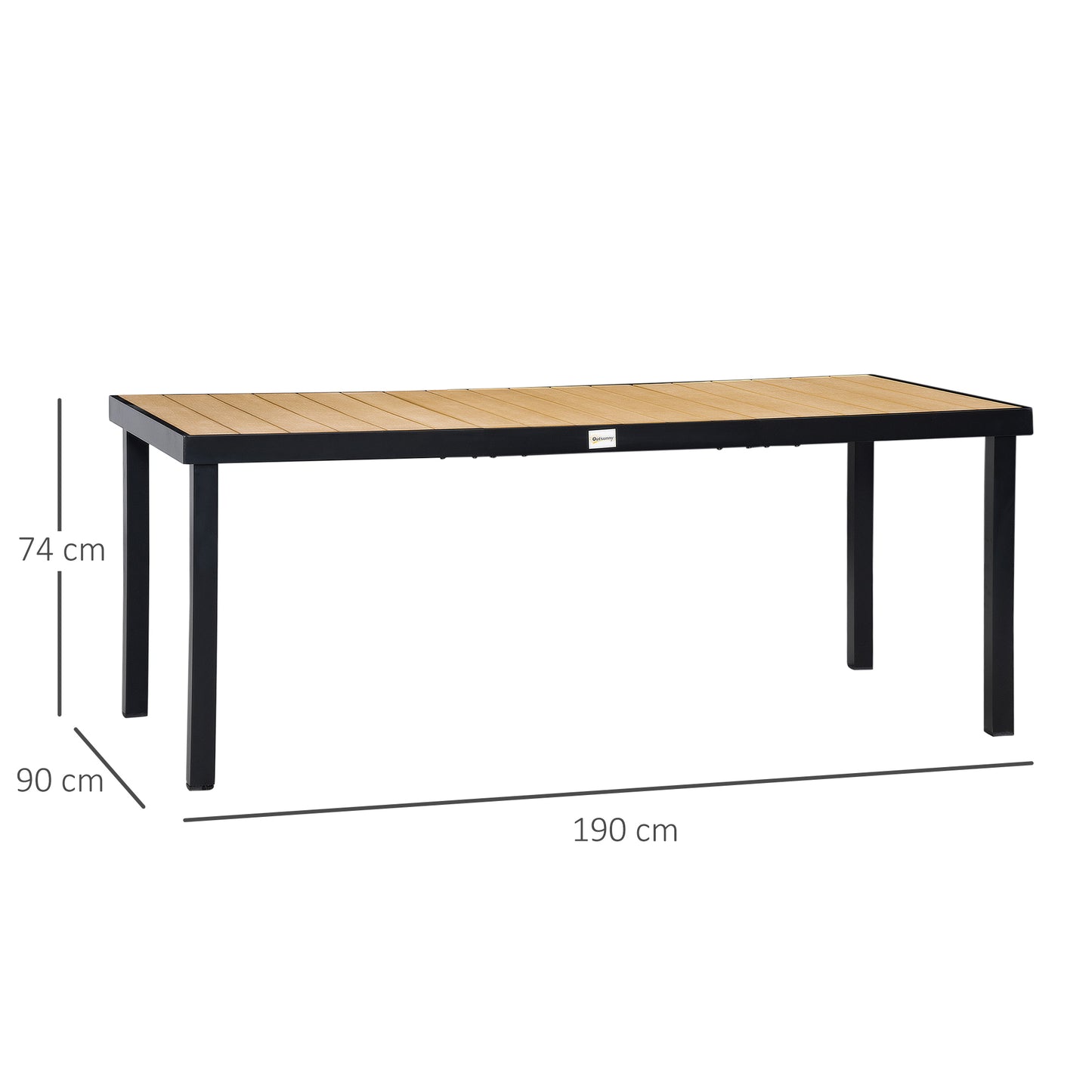 Aluminium Outdoor Garden Dining Table for 8 People, Faux Wood Top, for Garden, Patio, 190 x 90 x 74 cm, Natural