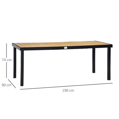 Aluminium Outdoor Garden Dining Table for 8 People, Faux Wood Top, for Garden, Patio, 190 x 90 x 74 cm, Natural