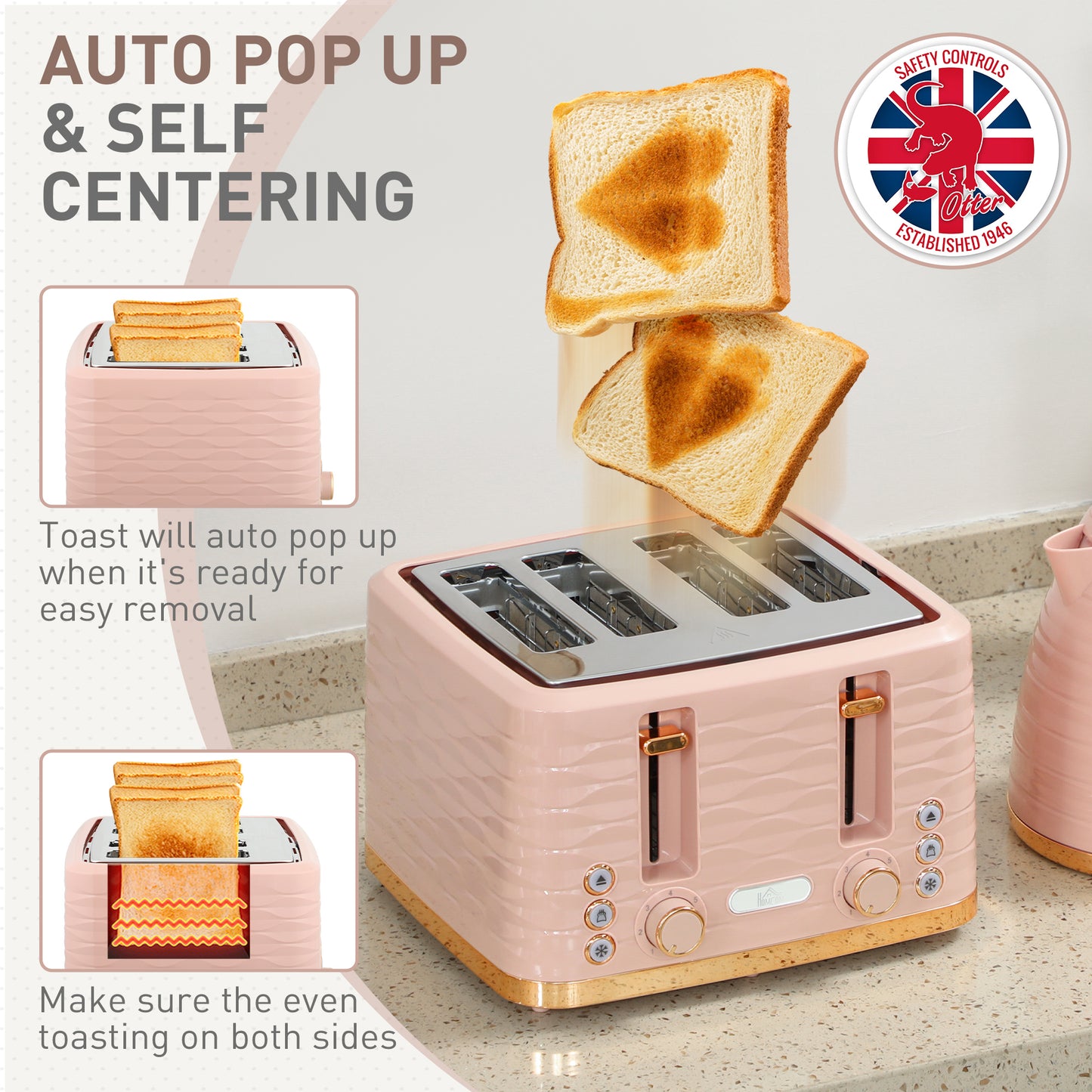 3000W 1.7L Kettle & 4 Slice Toaster, Kettle and Toaster Set with 7 Browning Controls and Crumb Tray, Light Pink