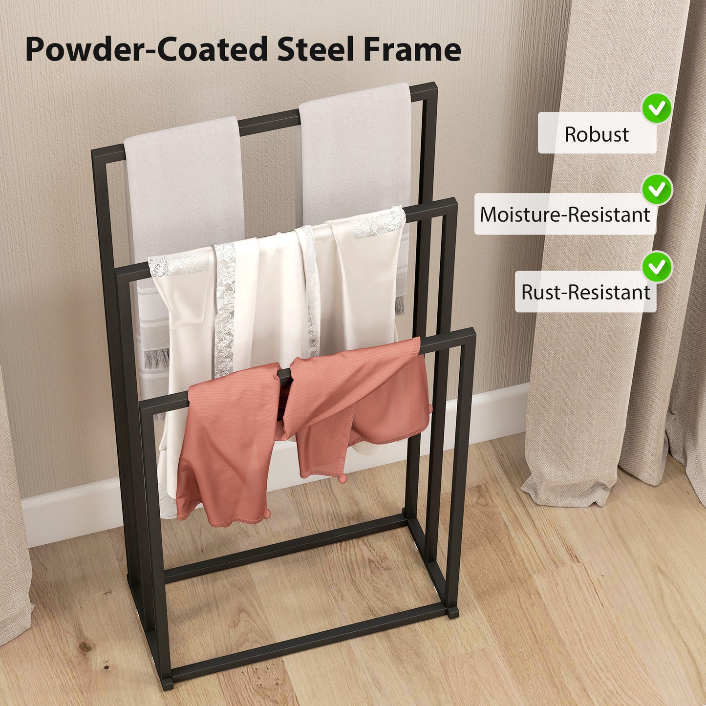 Freestanding Towel Rack, Steel Towel Rail Holder with 3 Bars, Black