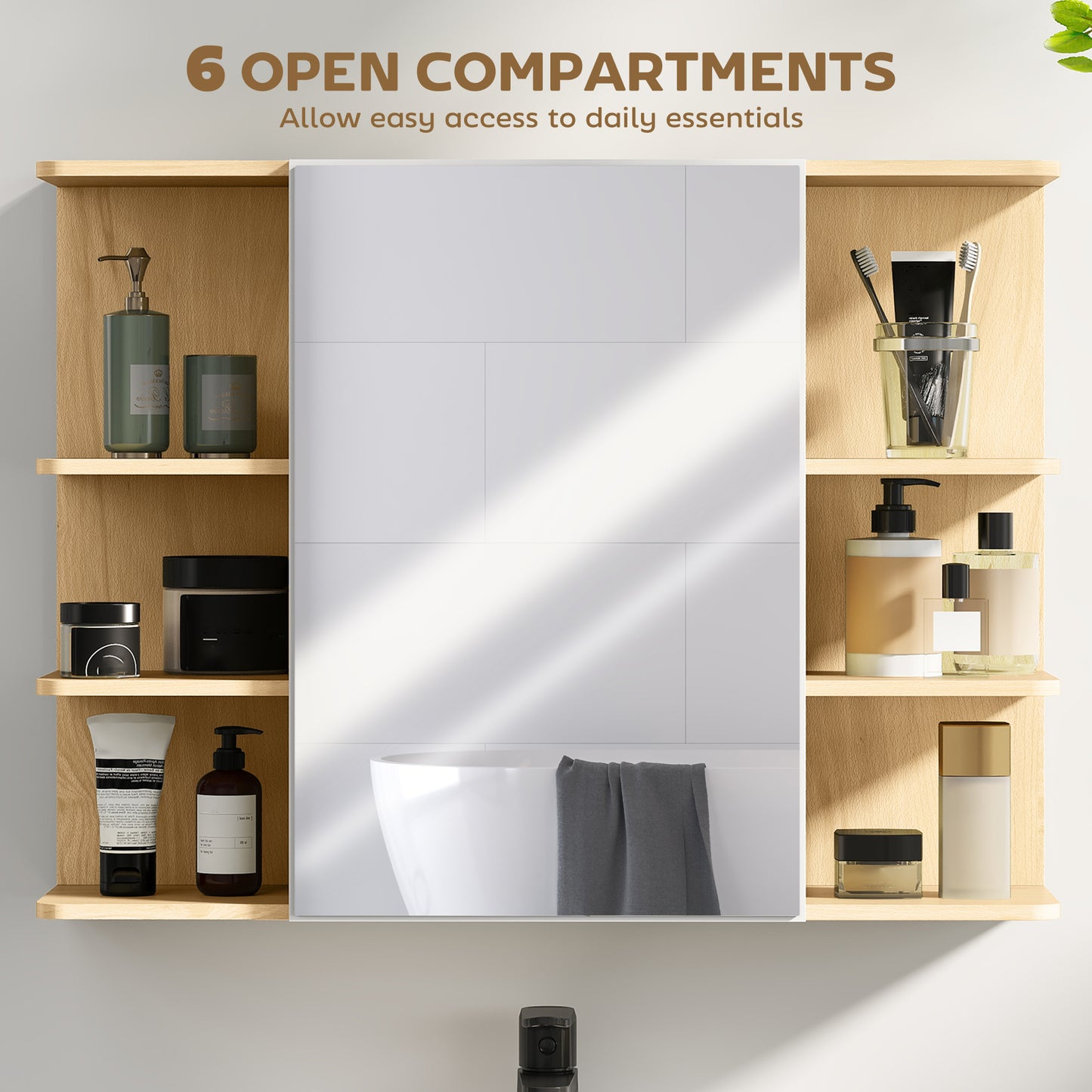 Bathroom Mirror Cabinet with Open Storage Shelves - Natural Wood Finish