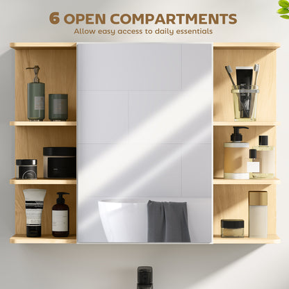Bathroom Mirror Cabinet with Open Storage Shelves - Natural Wood Finish