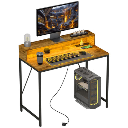 100cm Computer Desk with LED Lights and Power Outlets, Gaming Desk with Monitor Stand, Computer Table