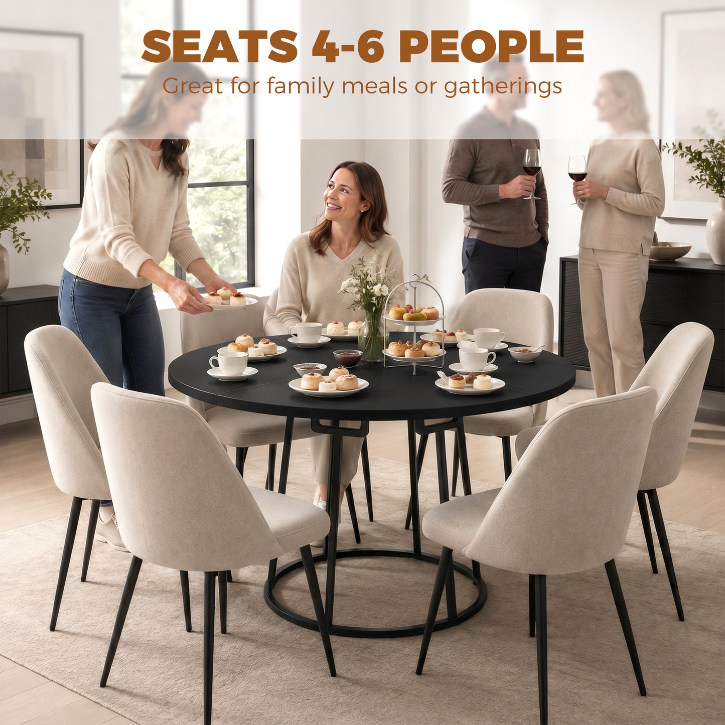 Dining Table Space Saving Kitchen Table Spliced Tabletop Conical Metal Base 120 cm Round Black
