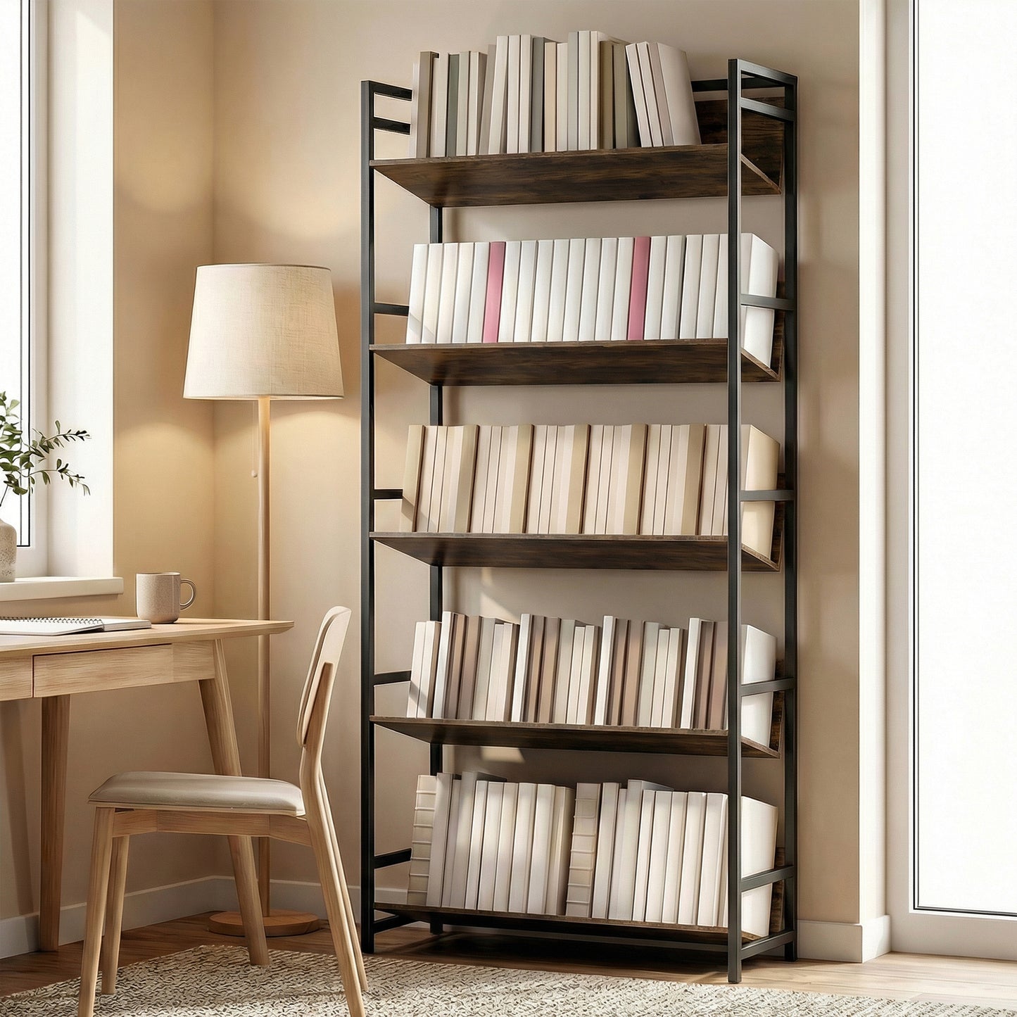 Bookshelf 5-Tier Metal Frame Room Divider Bookcase Storage Shelves for Living Room Rustic Brown