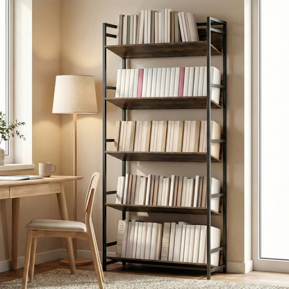 Bookshelf 5-Tier Metal Frame Room Divider Bookcase Storage Shelves for Living Room Rustic Brown