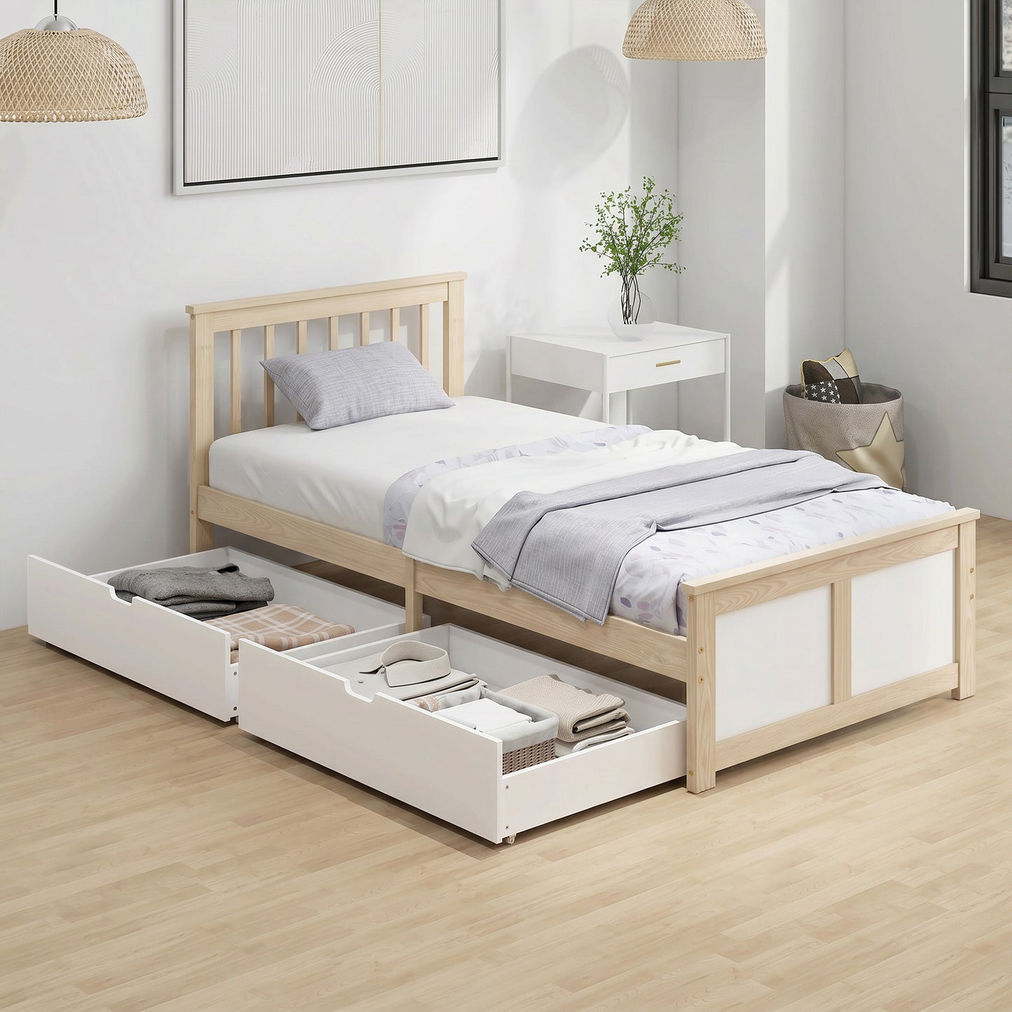 Pine Storage Bed, 3ft Single Solid Wooden Bed Frame with Drawers, Headboard, Wood Slat Support, Natural Wood Finish