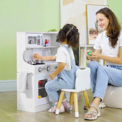 Pretend Play Kitchen, Kids Kitchen Playset, with Toy Phone, Chalkboard, Microwave, Cooking Stove, Sink, White
