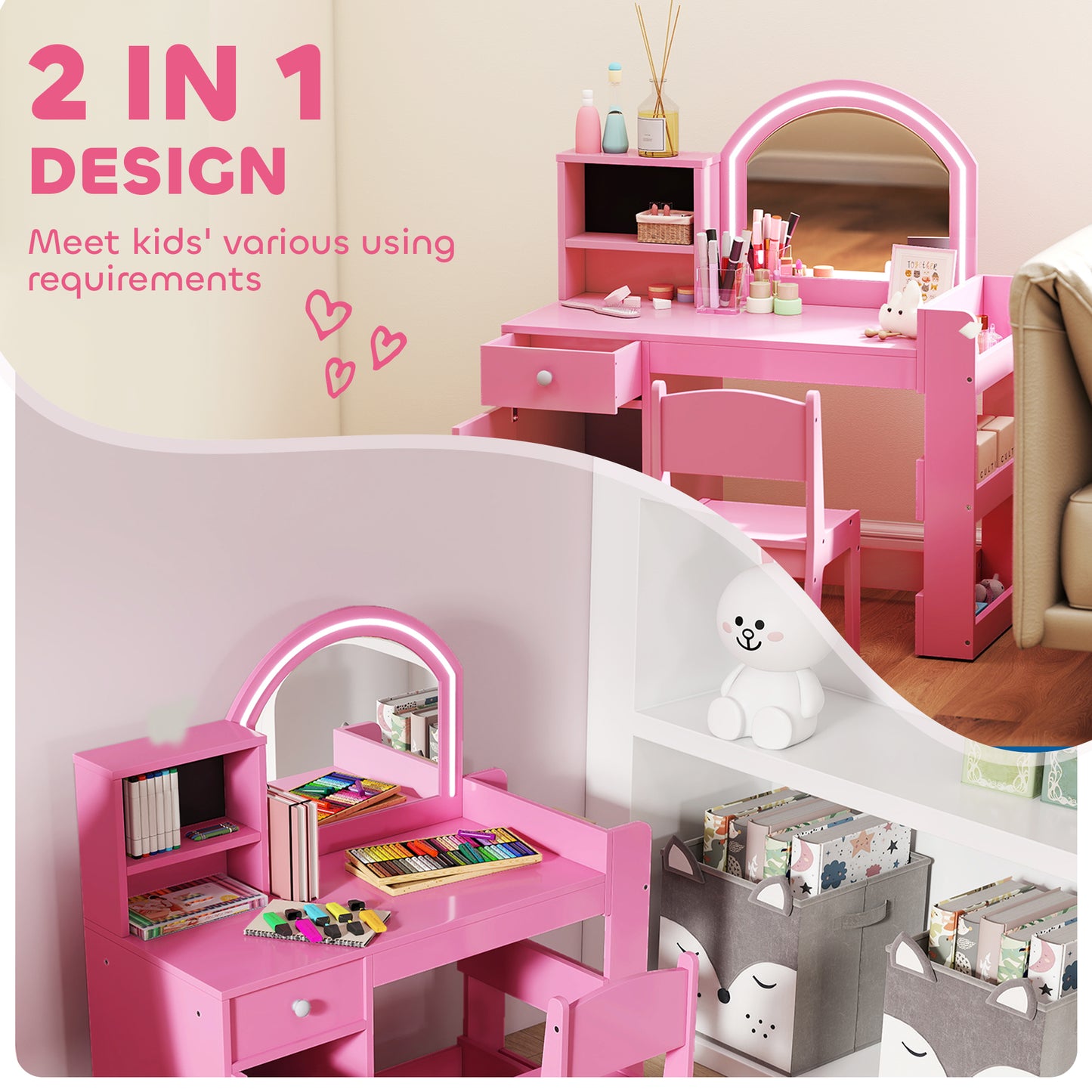 Kids Vanity Table and Chair Set, Girls Dressing Table with 2-Colour LED Mirror, Stool, Cabinet, Drawer, Shelves, Pink