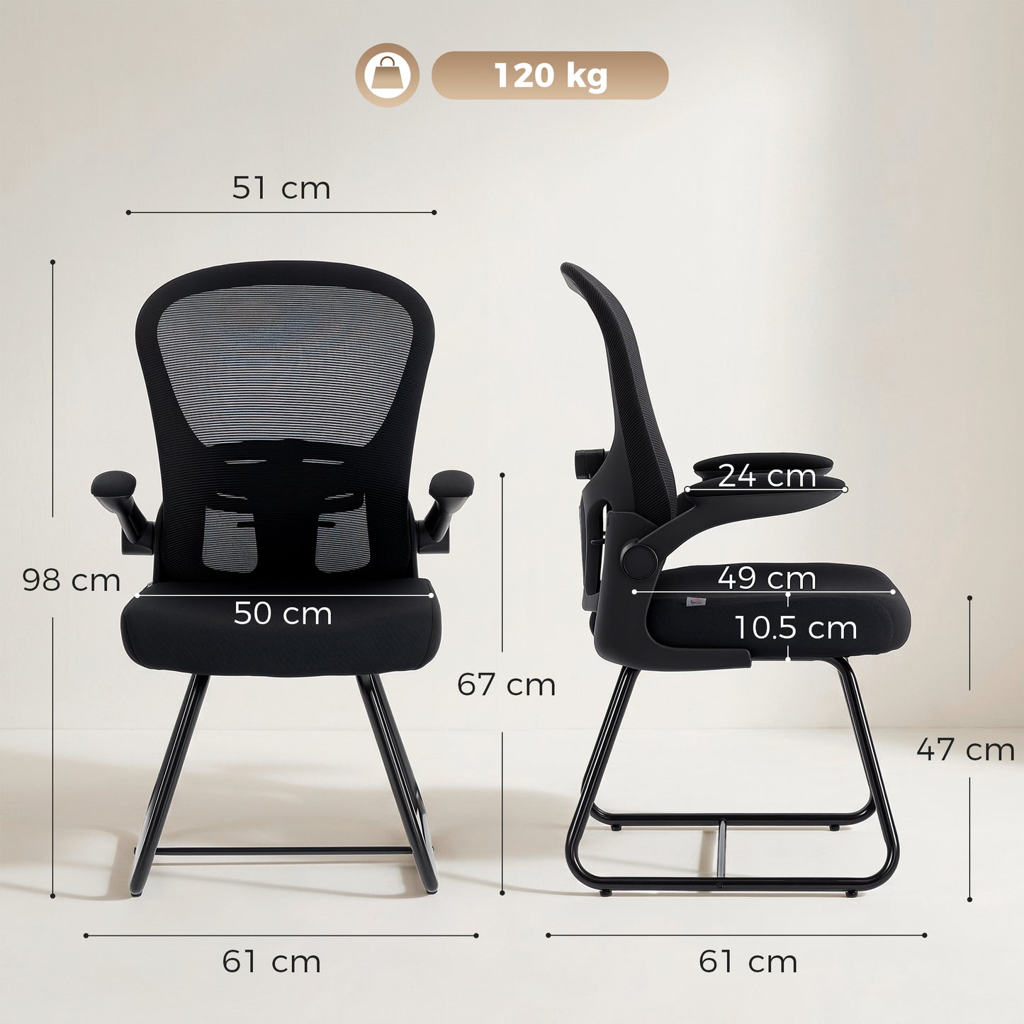 Reception Chair, Conference Meeting Office Chair with Flip-up Armrest, Mesh Backrest, Lumbar Support and Metal Base