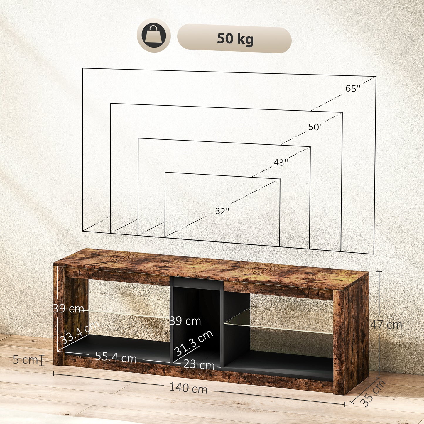 TV Stand Cabinet with LED Lights and Remote Control for TVs up to 65"