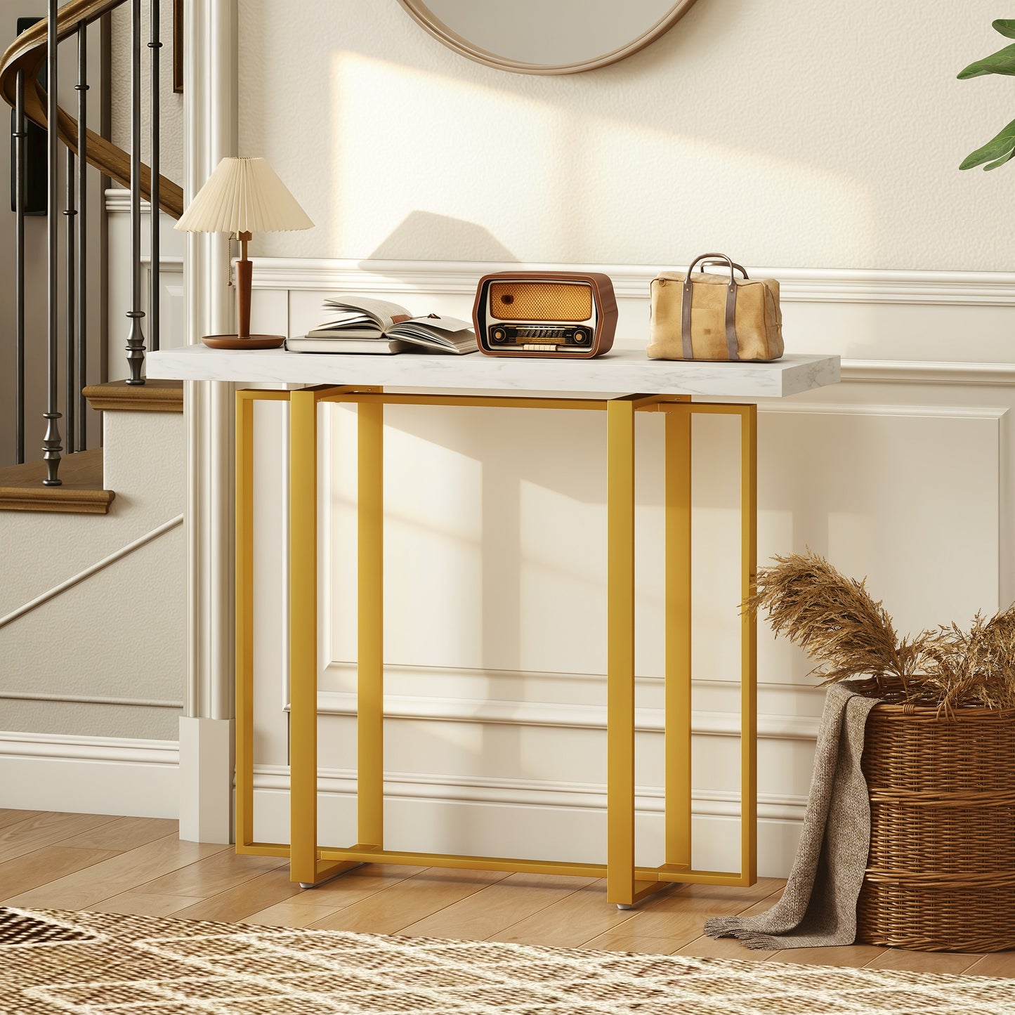 Console Table with Faux Marble Top, 100 cm Narrow Entryway Table with Anti-tipping Device, Steel Frame, White