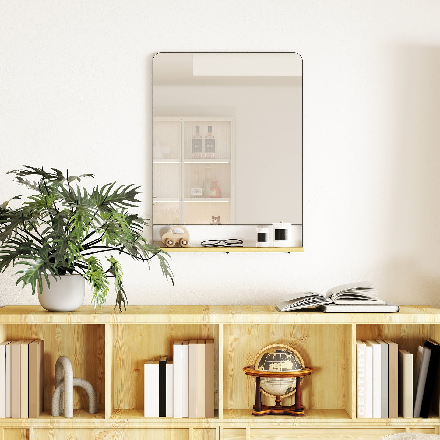 Wall Mirror with Wood Shelf - Black