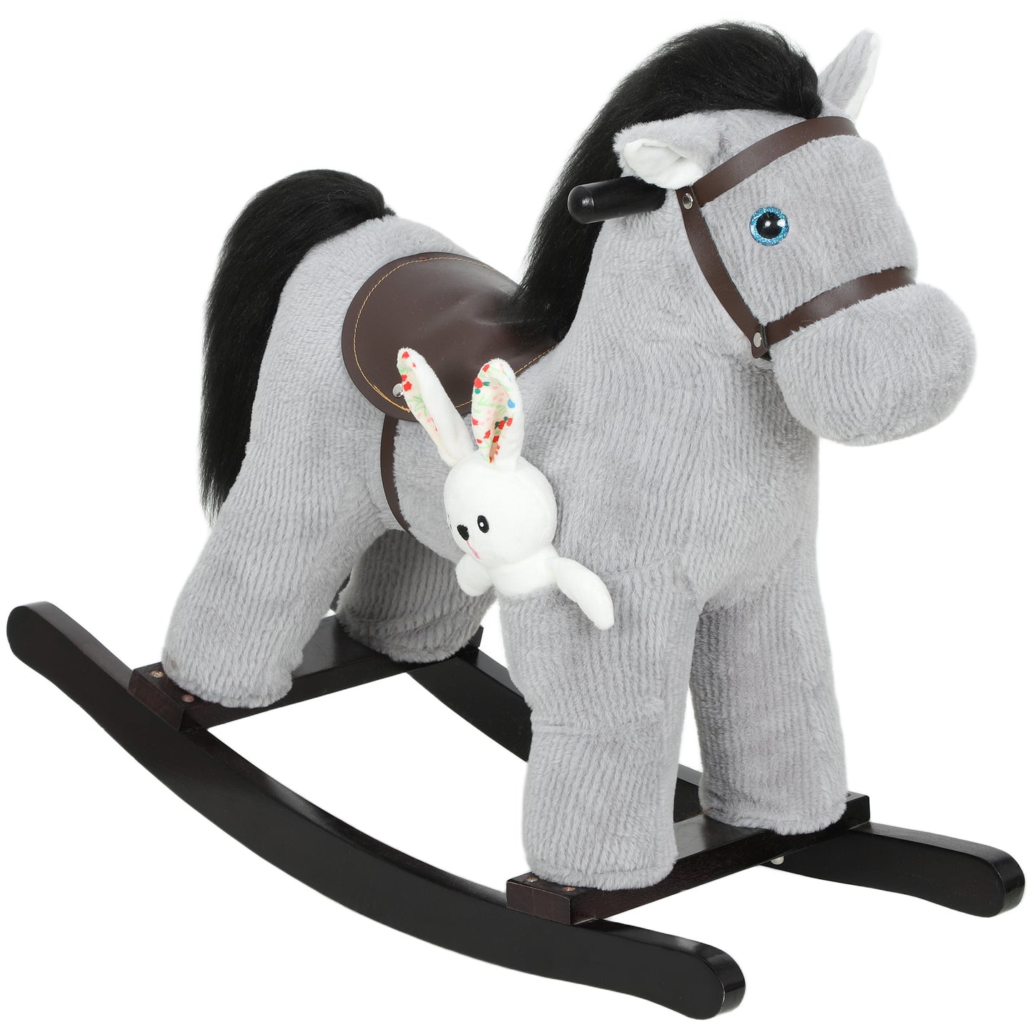 Baby Rocking Horse, Plush Ride on Toy with Handle Grip, Sound and Doll, Toddler Animal Rocker for Kids Aged 2-5, Grey