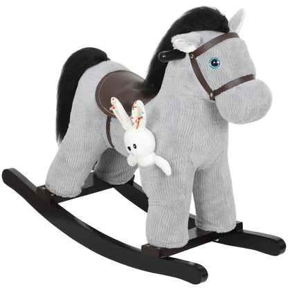 Baby Rocking Horse, Plush Ride on Toy with Handle Grip, Sound and Doll, Toddler Animal Rocker for Kids Aged 2-5, Grey