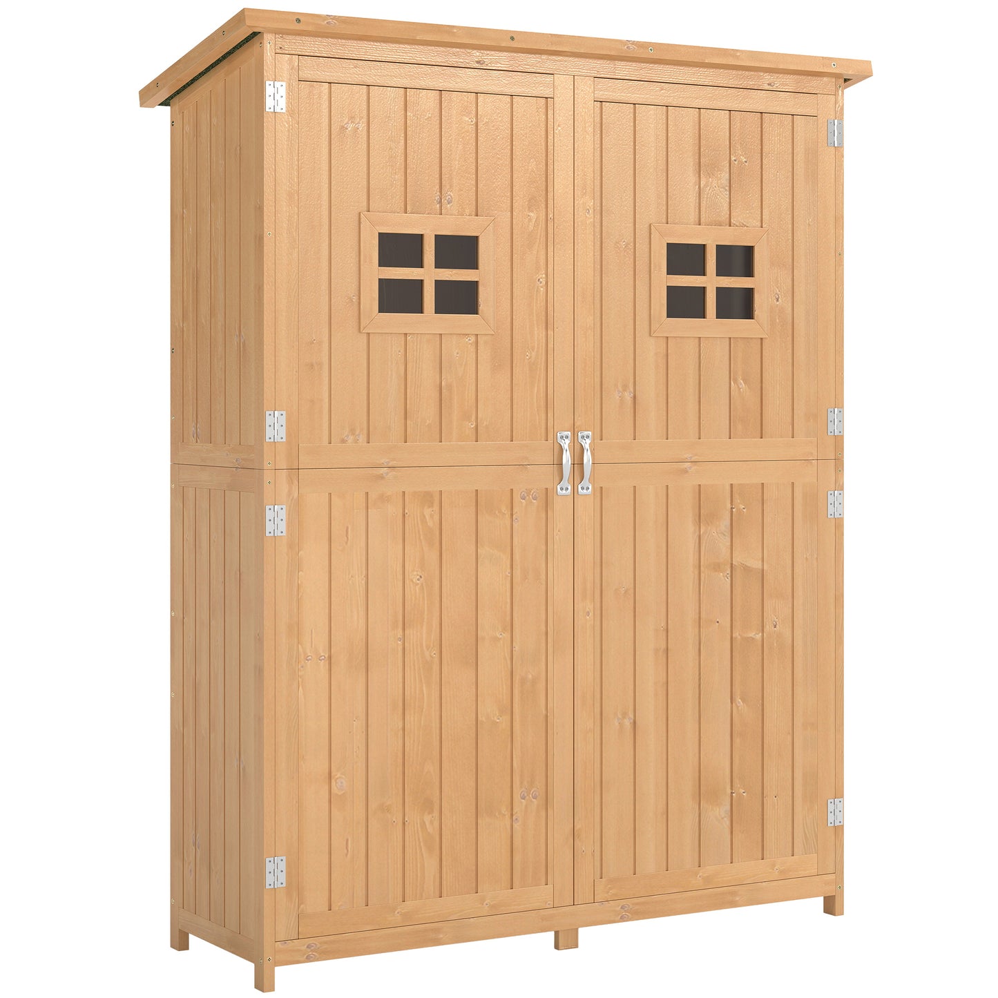 Wooden Garden Shed with Two Windows, Tool Storage Cabinet, Outdoor Double Door Organizer 127.5L x 50W x 164H cm, Natural
