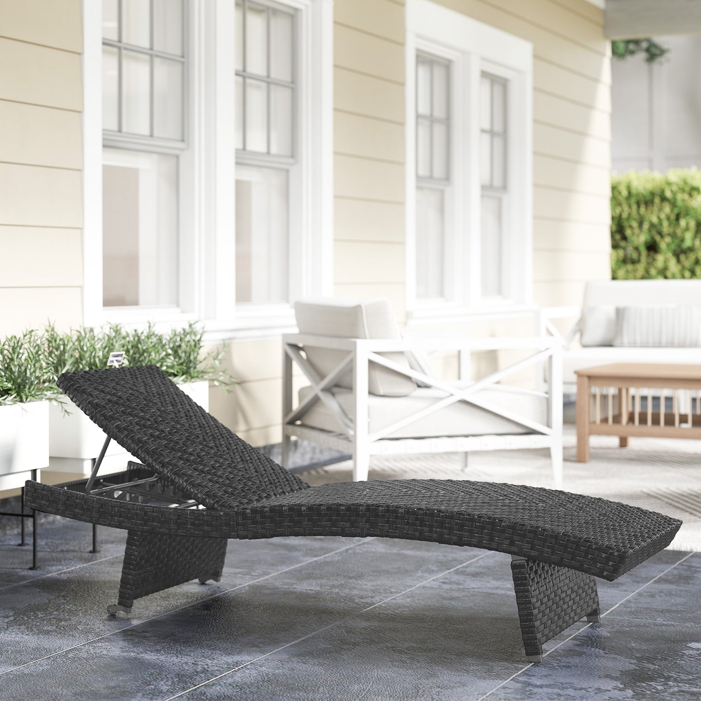 Outdoor PE Rattan Sun Lounger, Folding Wicker Garden Lounger Recliner with 4-Level Adjustable Backrest