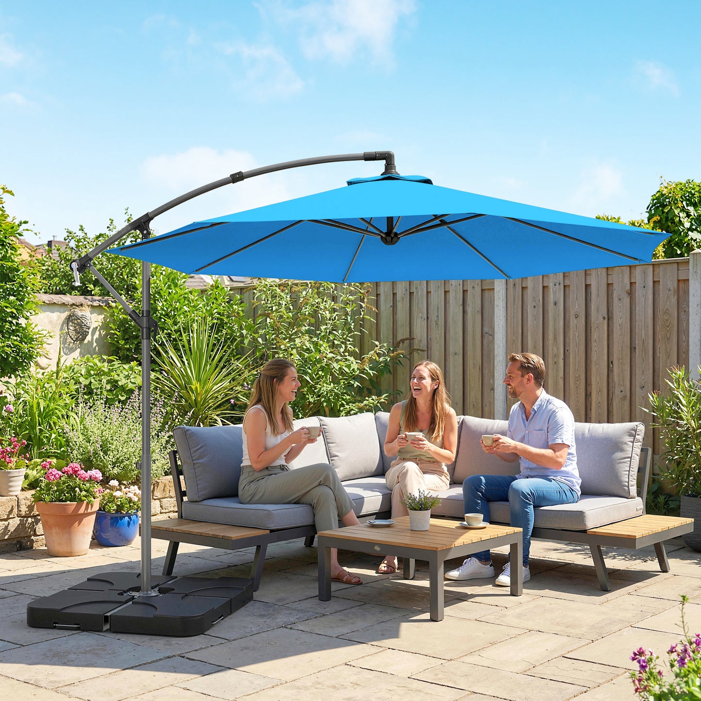 3m Overhanging Parasol, with Base, Weights and Cover - Blue