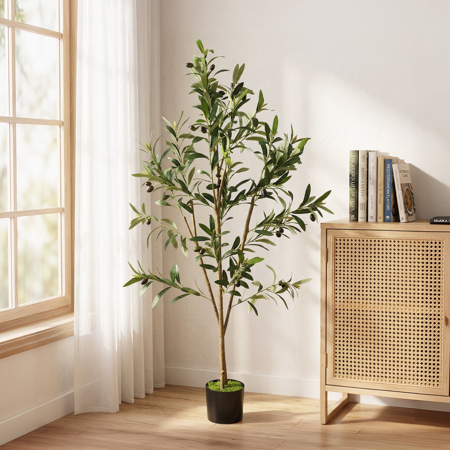 Decorative Artificial Plant, 120 cm Silk Olive Tree with 303 Leaves in Cement Pot, Fake Plant