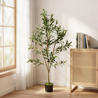 Decorative Artificial Plant, 120 cm Silk Olive Tree with 303 Leaves in Cement Pot, Fake Plant