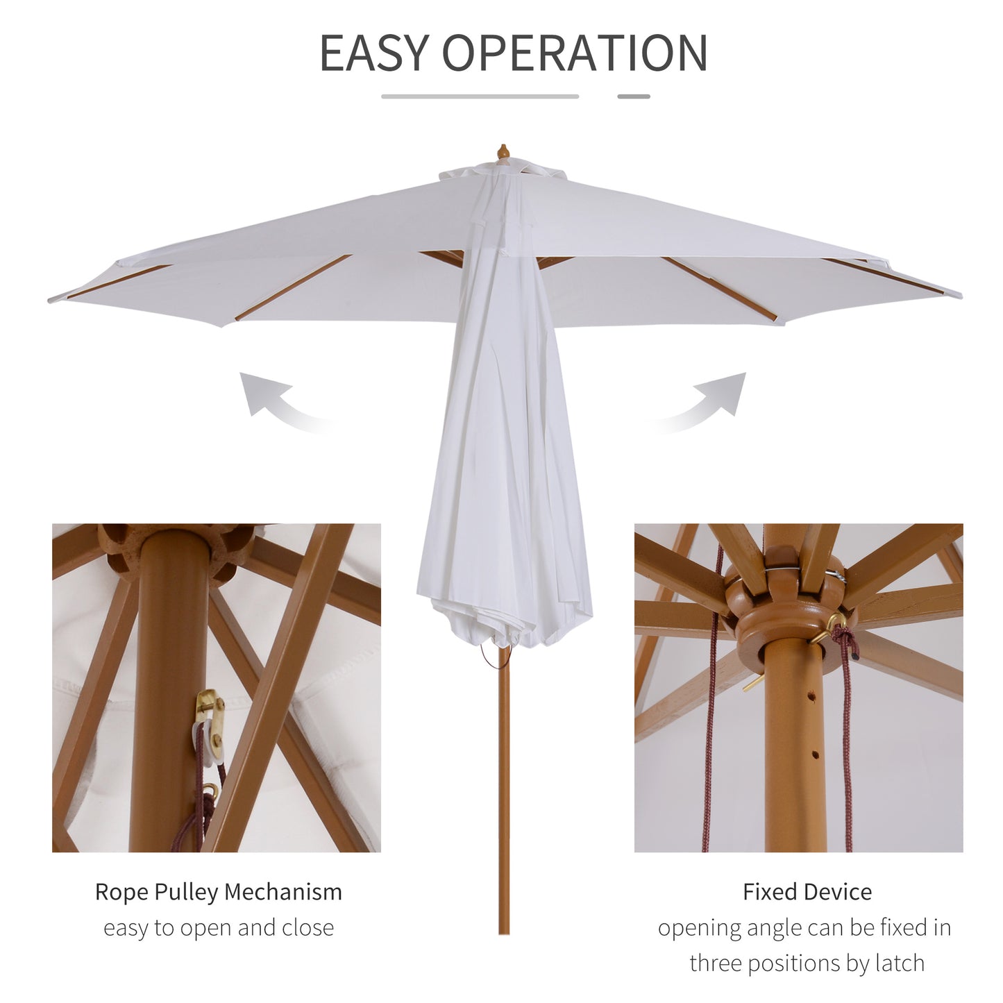 3(m) Garden Parasol, Pulley Operated Patio Umbrella, Wooden Table Market Umbrella with Rope Pulley Mechanism and 8 Ribs