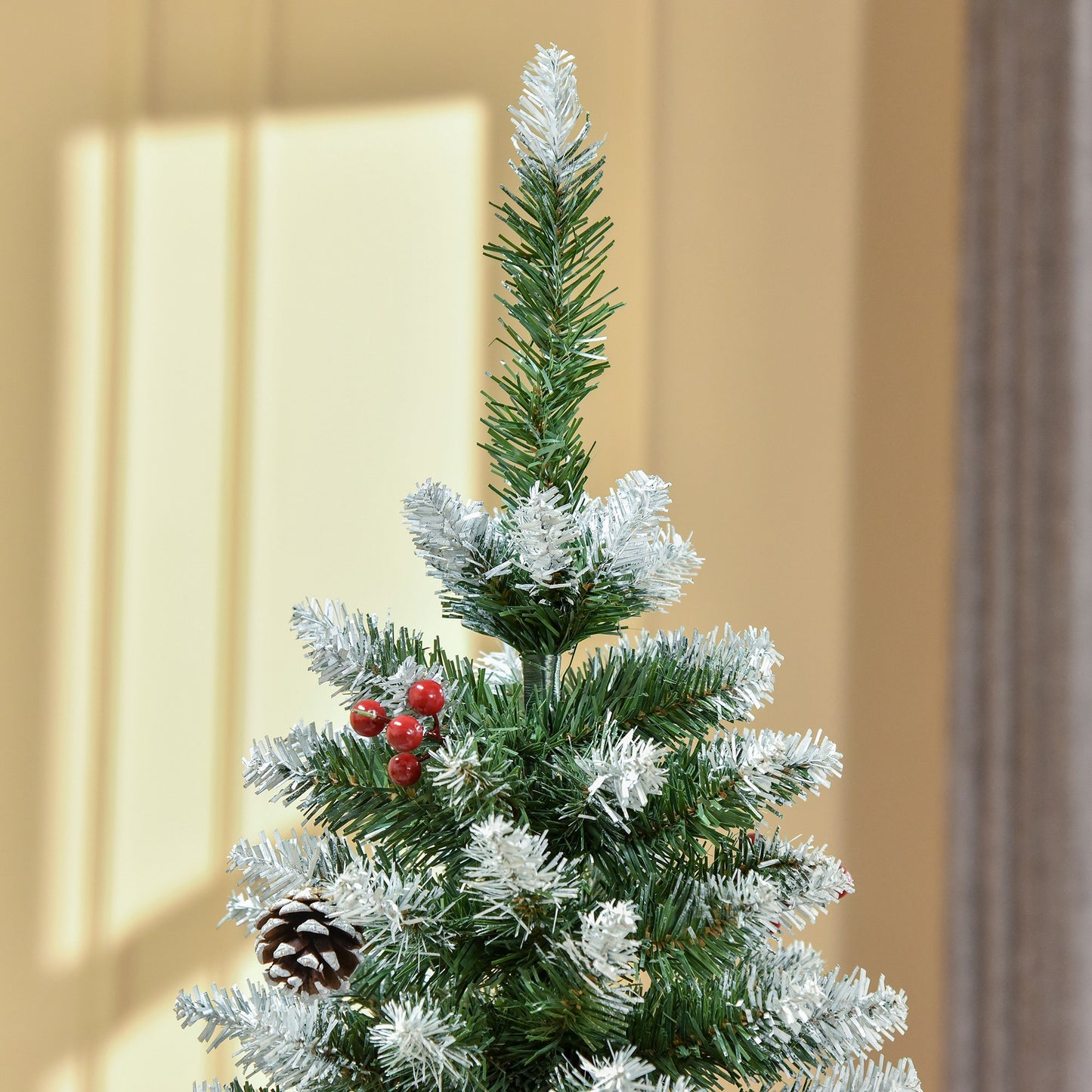 5FT Artificial Christmas Tree Xmas Pencil Tree with Red Berries and Pinecones Holiday Home Indoor Decoration with Foldable Fe