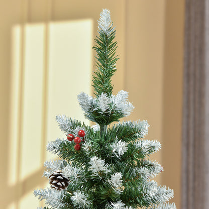 5FT Artificial Christmas Tree Xmas Pencil Tree with Red Berries and Pinecones Holiday Home Indoor Decoration with Foldable Fe