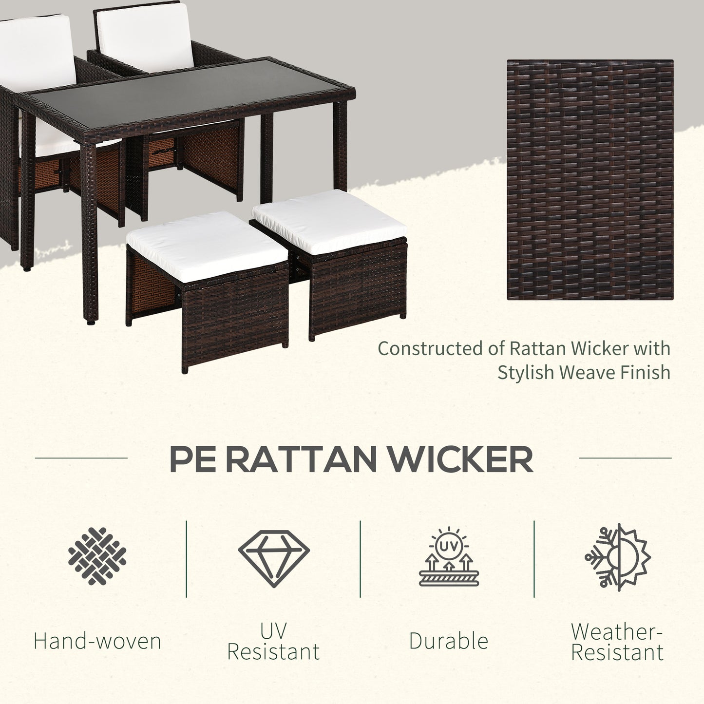 2 Seater Rattan Cube Garden Furniture Set, Rattan Dining Set with Cushions, Outdoor Dining Table and Chairs with 2 Armchairs