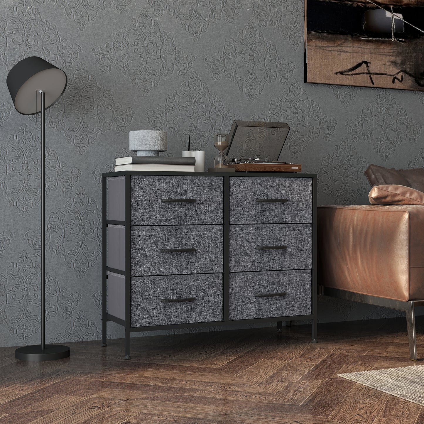 Fabric Chest of Drawers, Industrial Bedroom Dresser with 6 Fabric Drawers, Steel Frame and Wooden Top for Nursery