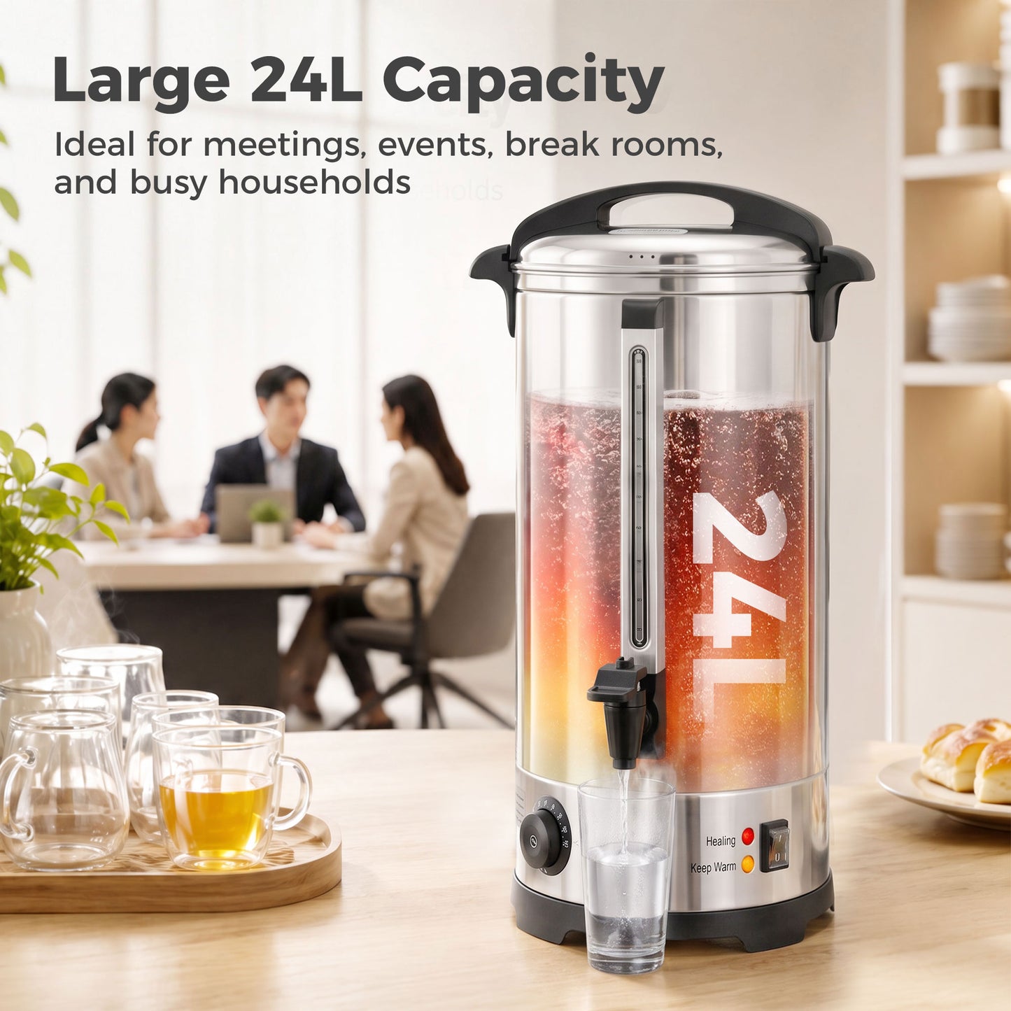 24L Catering Urn, 2500W Stainless Steel Hot Water Boiler Dispenser with Thermostat, Keep Warm Function and Easy Pour Tap