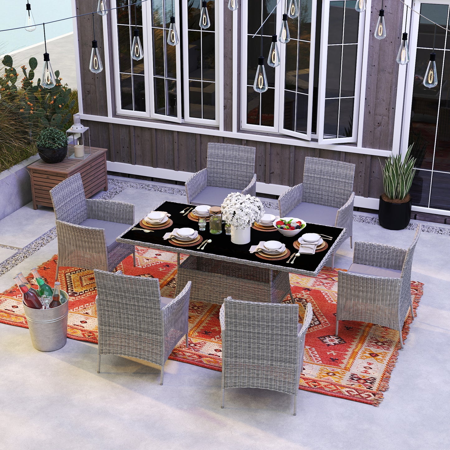 7-Piece Rattan Garden Furniture Set with Cushions, 6 Seater Garden Table and Chairs, Rattan Dining Set with 6 Armchairs