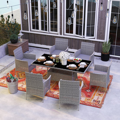 7-Piece Rattan Garden Furniture Set with Cushions, 6 Seater Garden Table and Chairs, Rattan Dining Set with 6 Armchairs