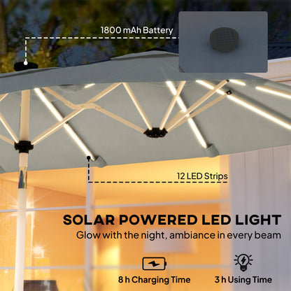3 m Double-Sided Garden Parasol with LED Solar Lights, Tilt, Outdoor Extra Large Sun Umbrella with Crank Handle, Grey