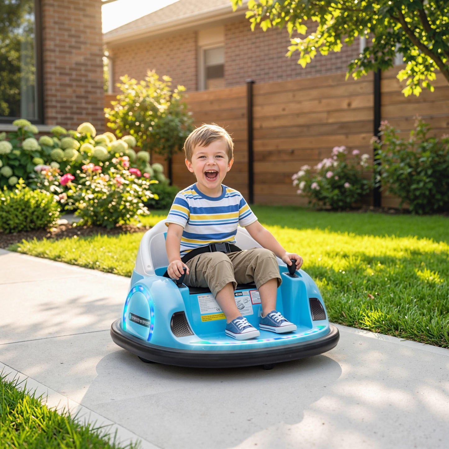 360° Rotation Kids Bumper Car, 12V Waltz Car with Remote Control, Dual Joystick, Music, Lights, Light Blue