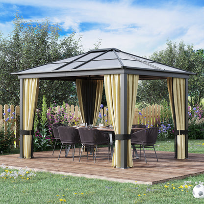 3 x 3.6(m) Hardtop Gazebo Canopy with Polycarbonate Roof and Aluminium Frame, Garden Pavilion, Brown
