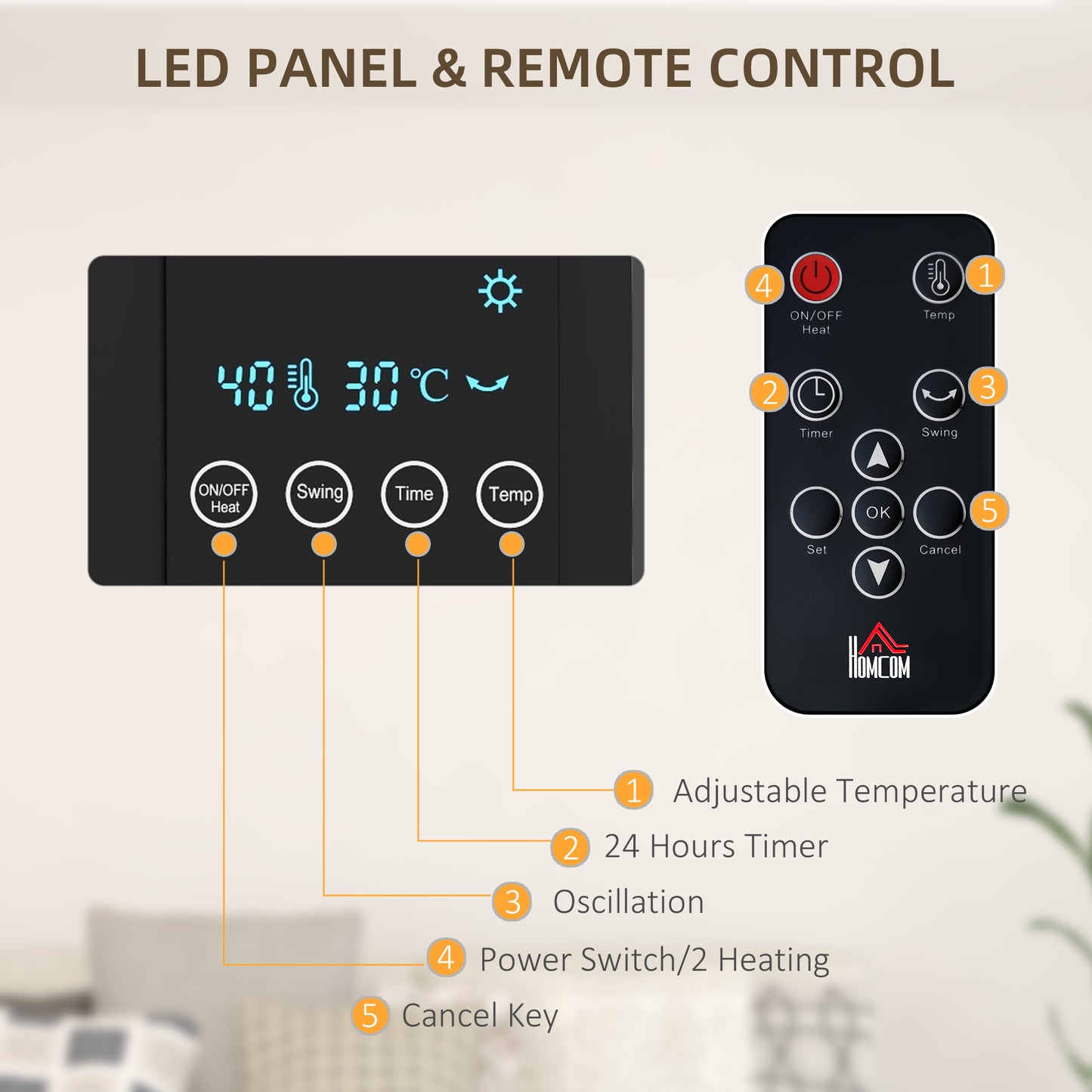 2000W Wall Mounted Heater, 18-45°C Temperature, Black