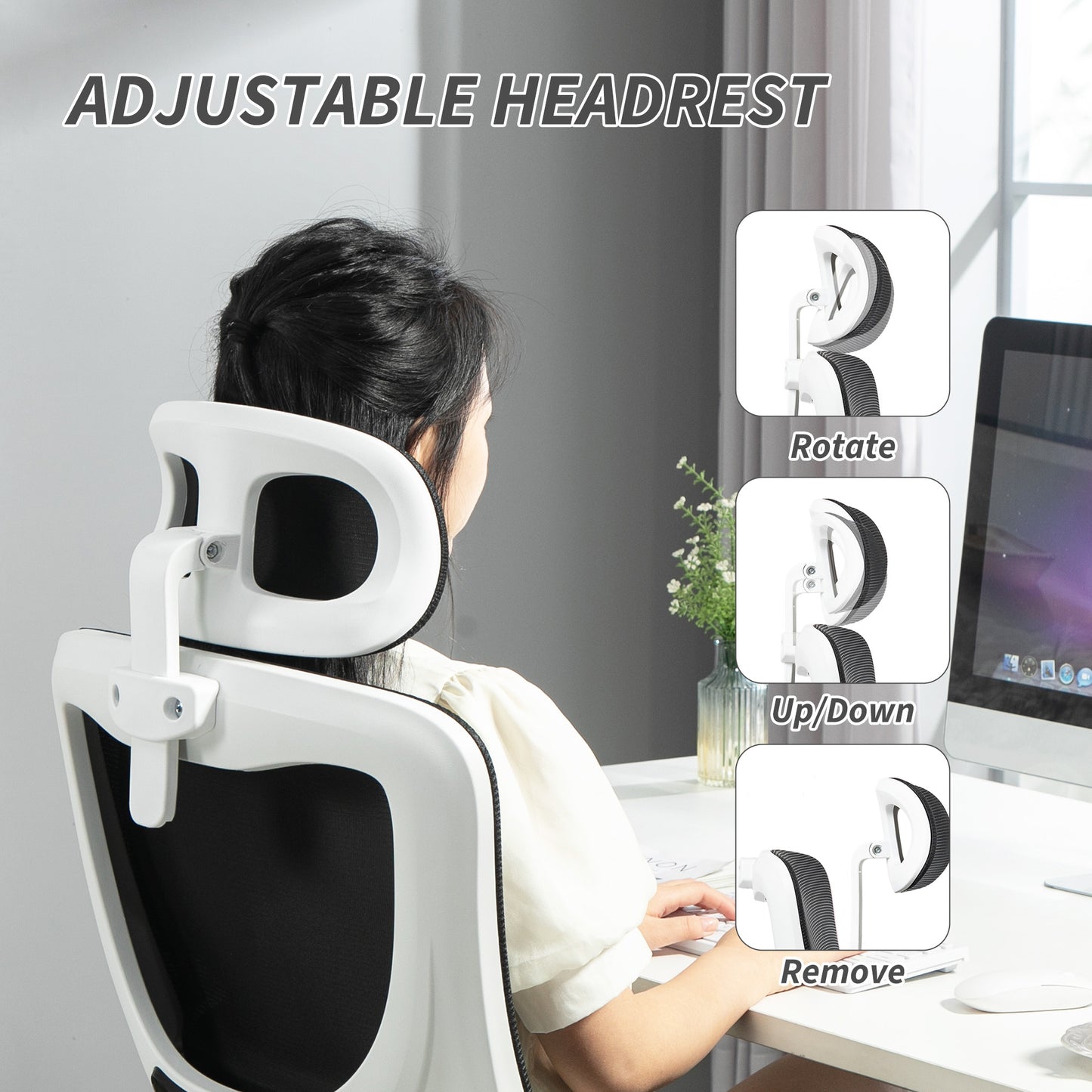 Ergonomic Office Chair, High Back Mesh Computer Desk Chair with Adjustable Headrest and Lumbar Support, Rotatable Armrests