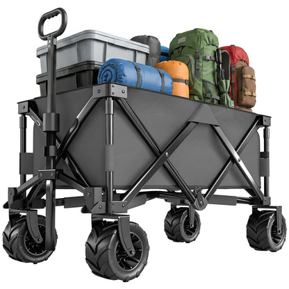 Outdoor Pull Along Cart Folding Cargo Wagon Trailer Trolley for Beach Garden with Handle, Anti-Slip Wheel - Dark Grey