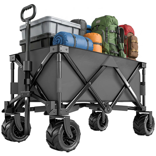 Outdoor Pull Along Cart Folding Cargo Wagon Trailer Trolley for Beach Garden with Handle, Anti-Slip Wheel - Dark Grey