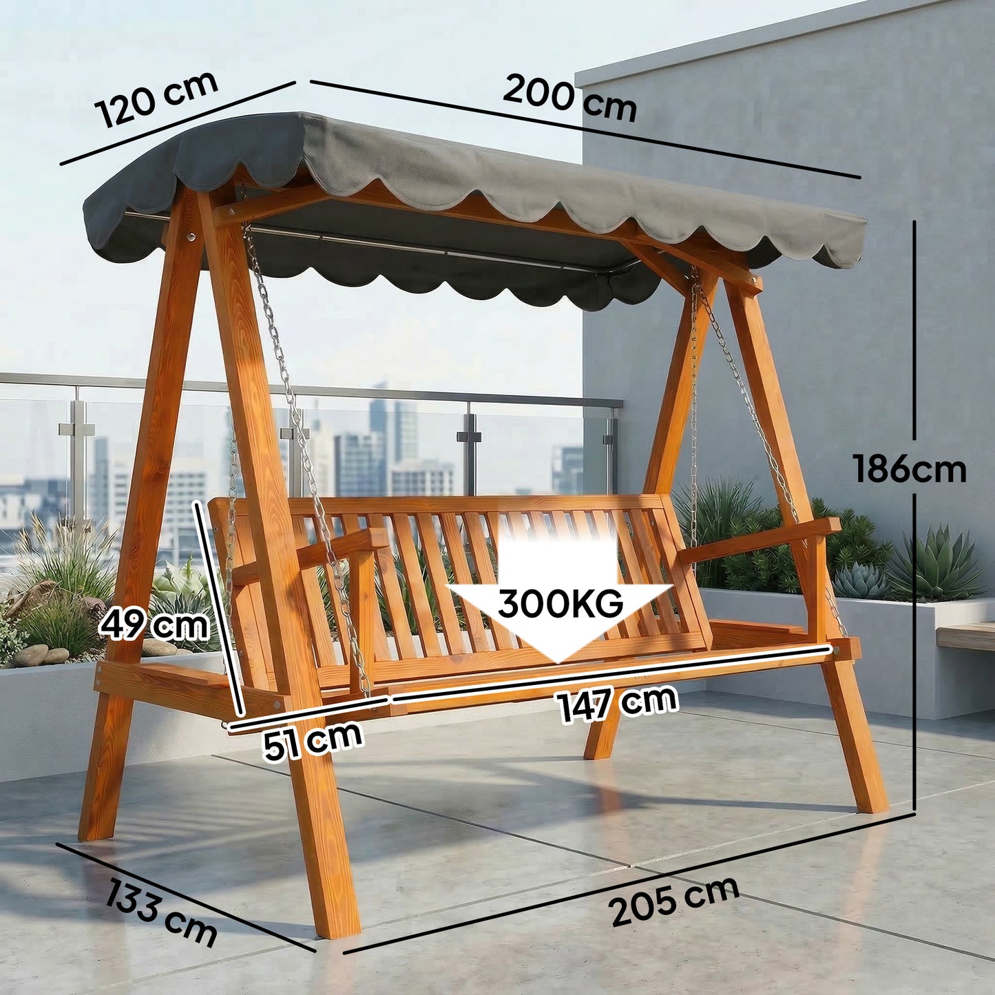 3 Seater Garden Swing Seat with Canopy, Wooden Swing Chair, Outdoor Hammock Bench for Balcony Patio Porch, Dark Grey