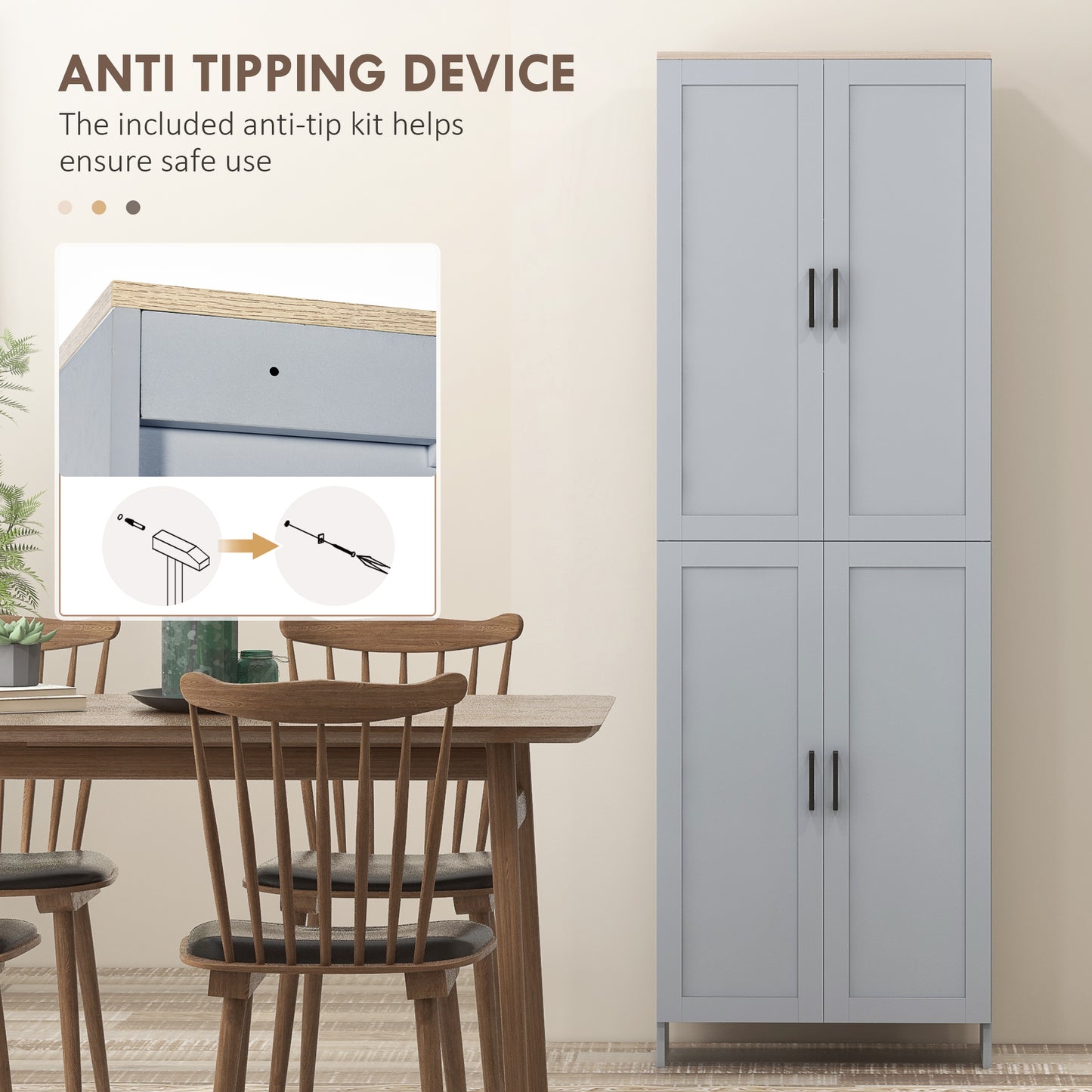Freestanding Kitchen Cupboard, 4-Door Storage Cabinet with Adjustable Shelves, Modern Kitchen Pantry for Dining Room, 170cm