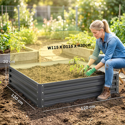 432L Square Raised Garden Bed Box Steel Frame for Vegetables, Flowers and Herbs, 120 x 120 x 30cm, Light Grey
