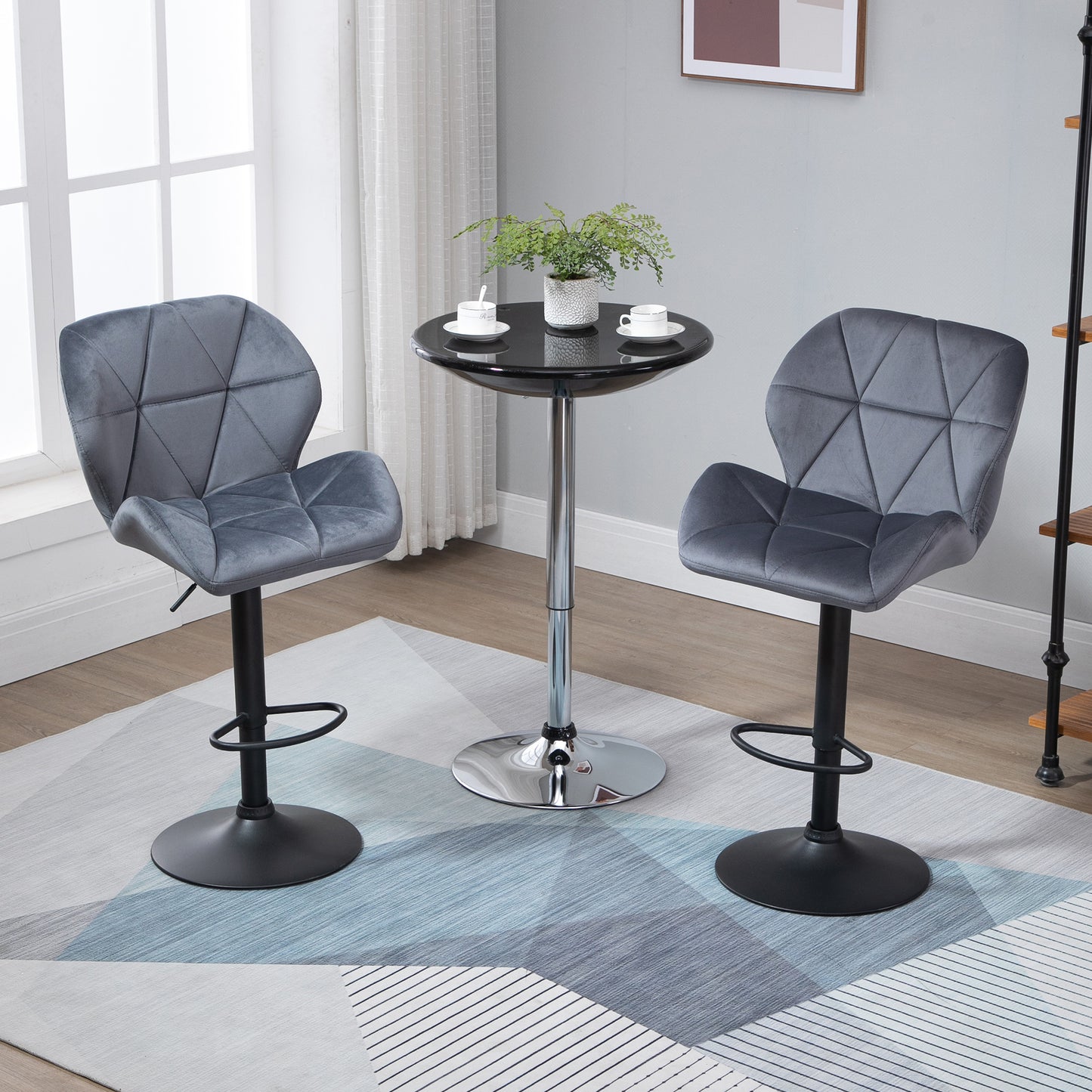 Bar Stools Set Of 2, Luxurious Velvet-Touch Barstools with Metal Frame Footrest Round Base Triangle Indenting Moulded Seat Ad