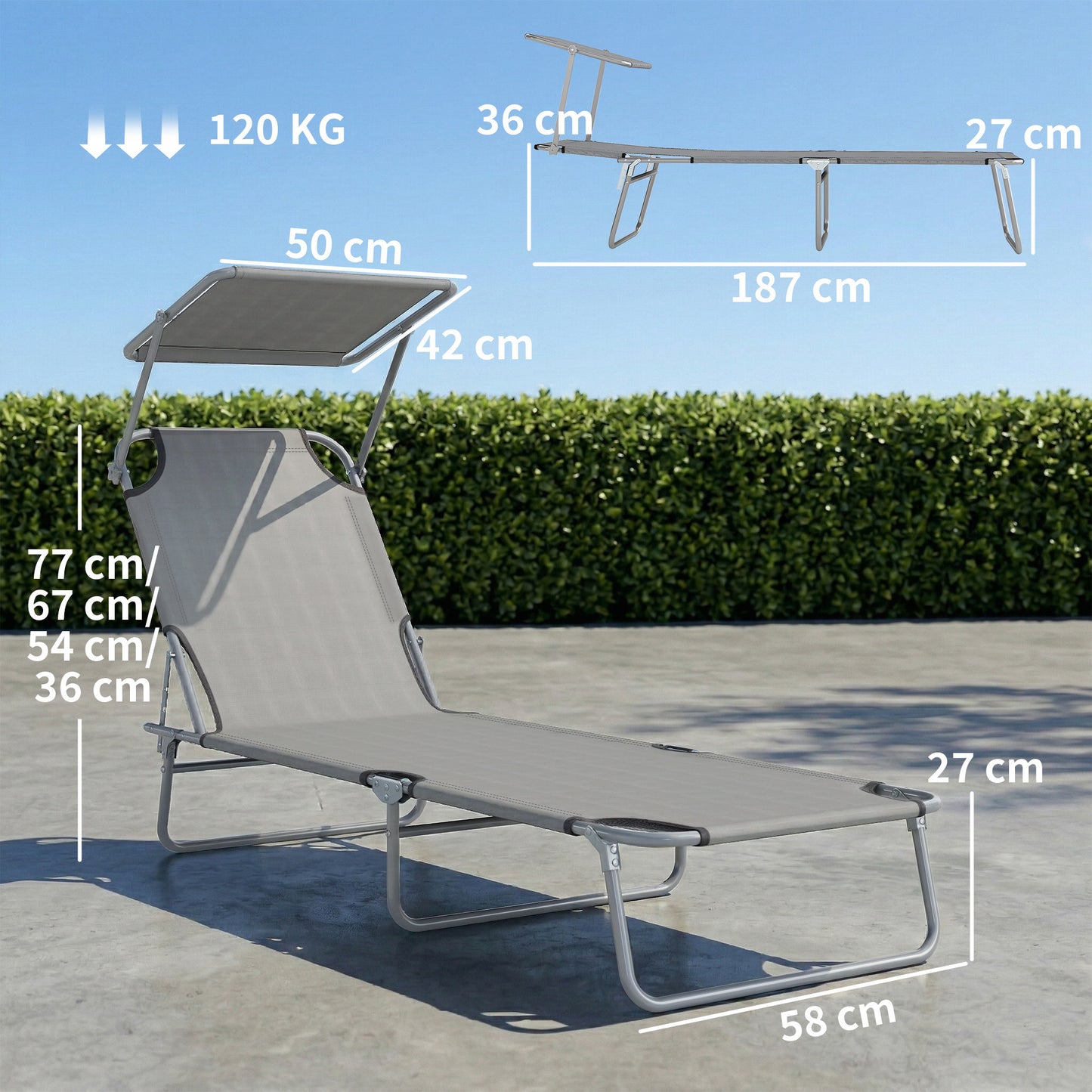 Folding Sun Lounger with Canopy, Reclining Sunbed with 4-Position Adjustable Backrest, 600D Oxford Cloth