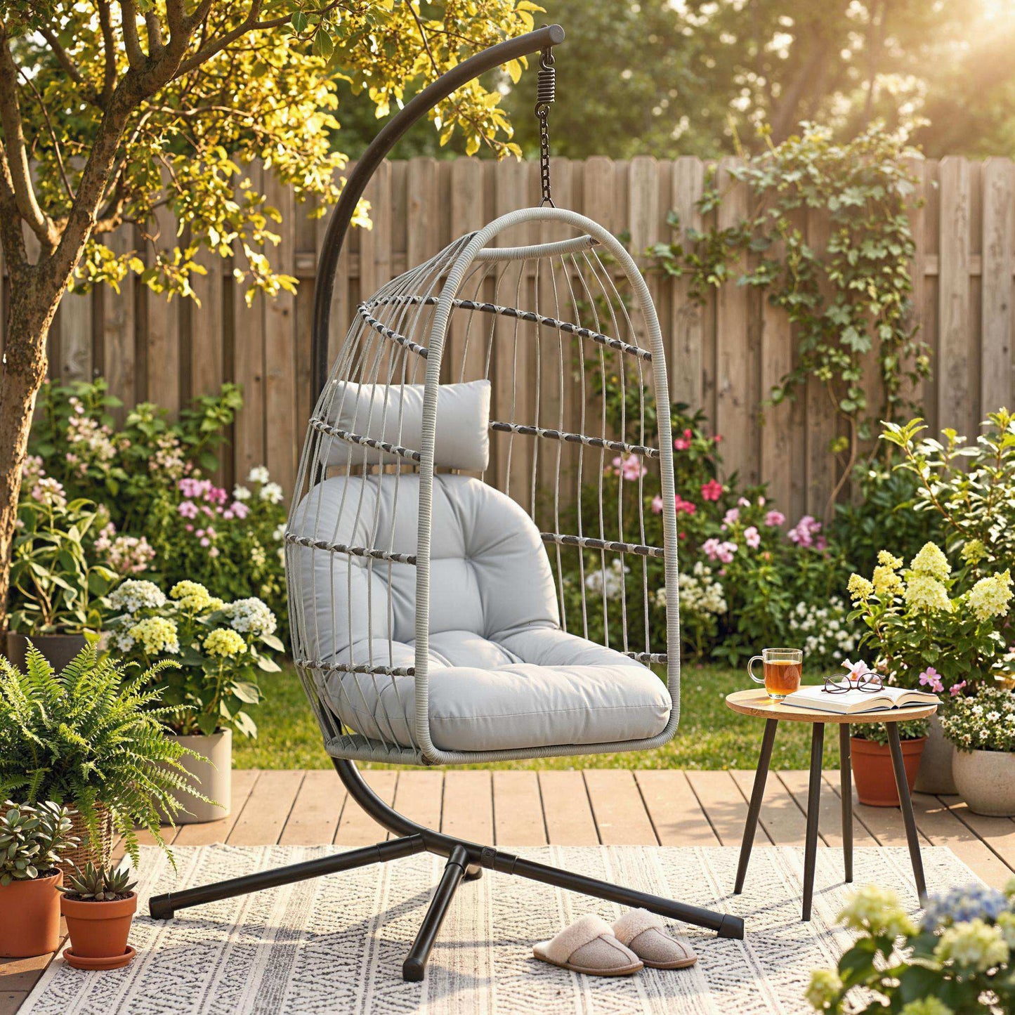 Hanging Egg Chair, Indoor Outdoor Hammock Swing Chair with Stand, Safety Strap, Foldable Basket, Light Grey
