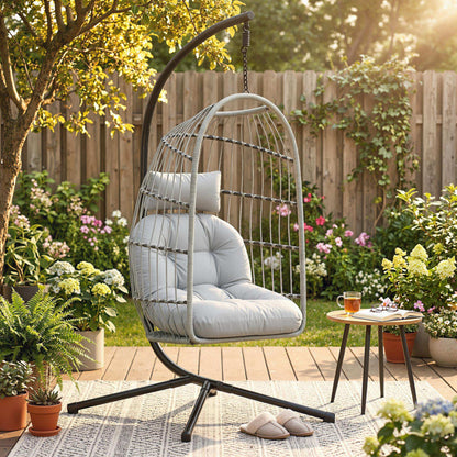 Hanging Egg Chair, Indoor Outdoor Hammock Swing Chair with Stand, Safety Strap, Foldable Basket, Light Grey
