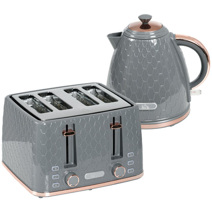 1.7L 3000W Fast Boil Kettle & 4 Slice Toaster Set, Kettle and Toaster Set with 7 Browning Controls, Crumb Tray, Grey